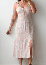 Size XS-S Beige Floral Lace-Up Midi Dress