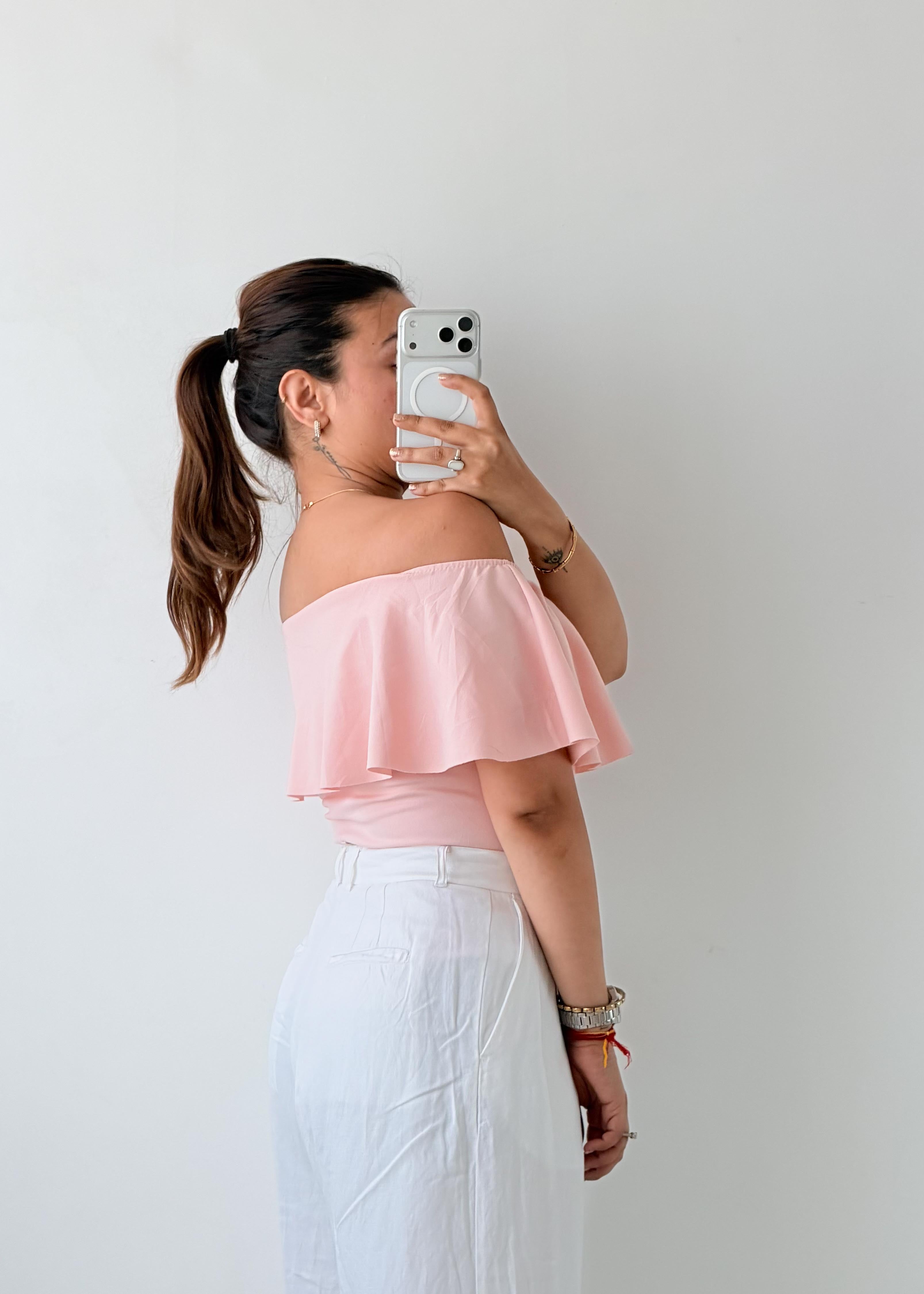 Size XS-S Baby Pink Off-Shoulder Ruffle Bodysuit