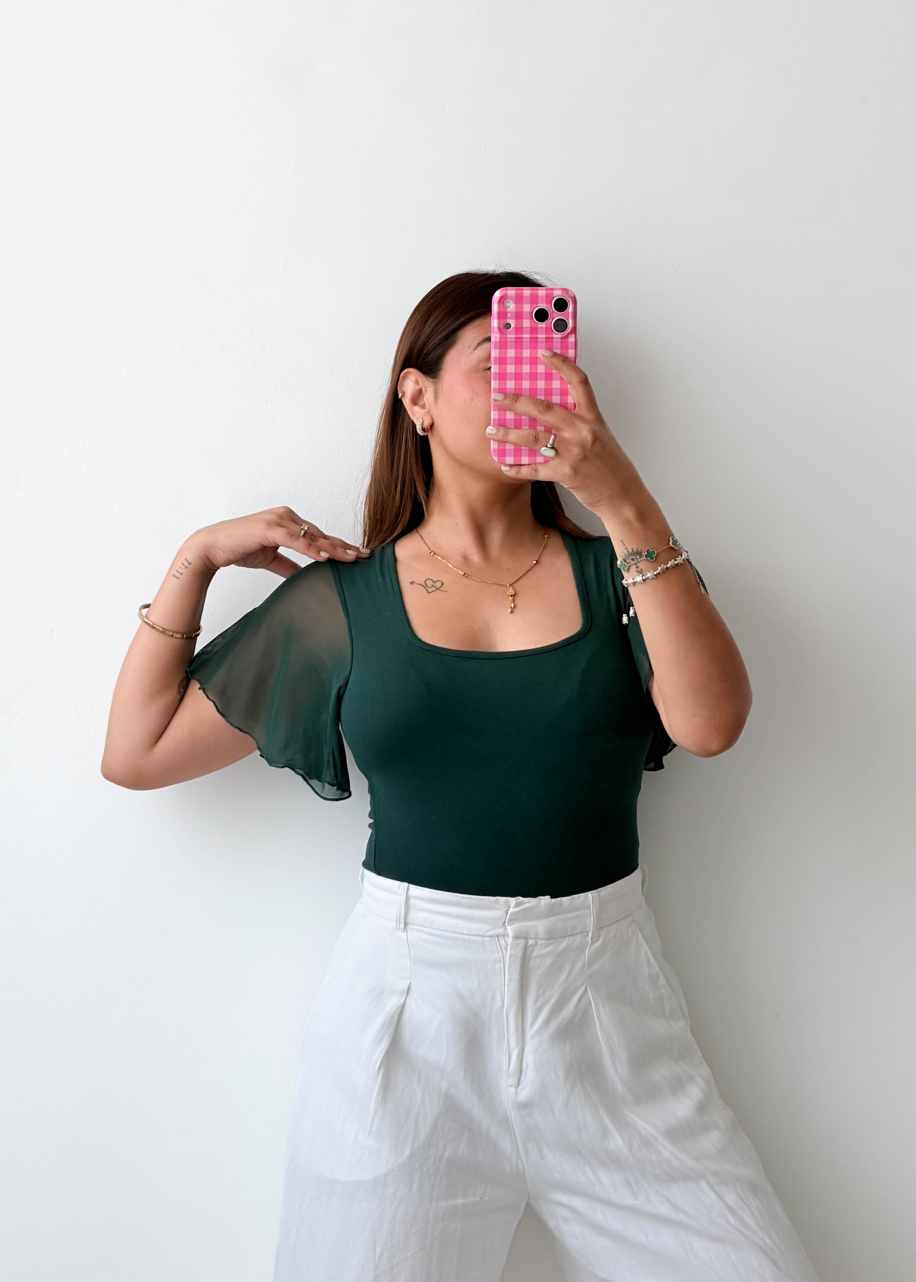 Size S-M Emerald Flutter Sleeve Bodysuit