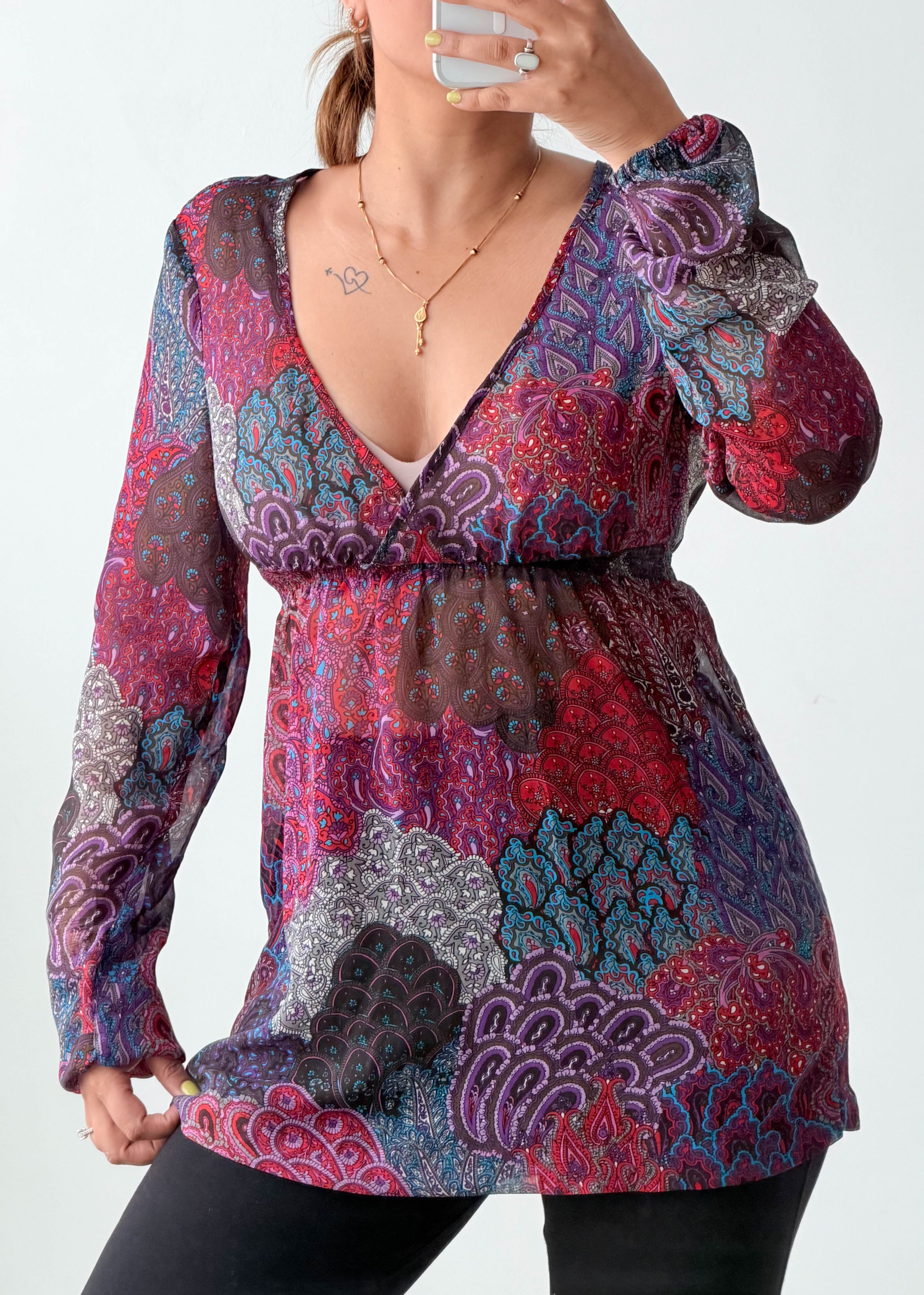 Size S-M Burgundy Paisley Empire Waist Top