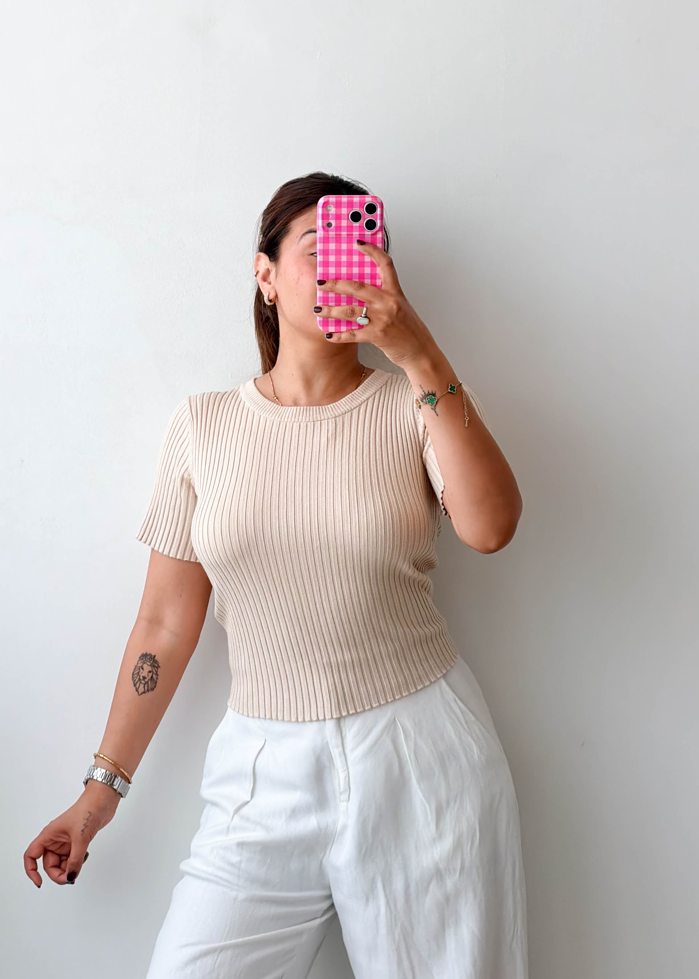 Size L-XL Beige Open Back Ribbed Top