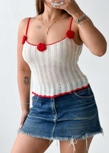 Size S-M White & Red Floral Crochet Knit Top