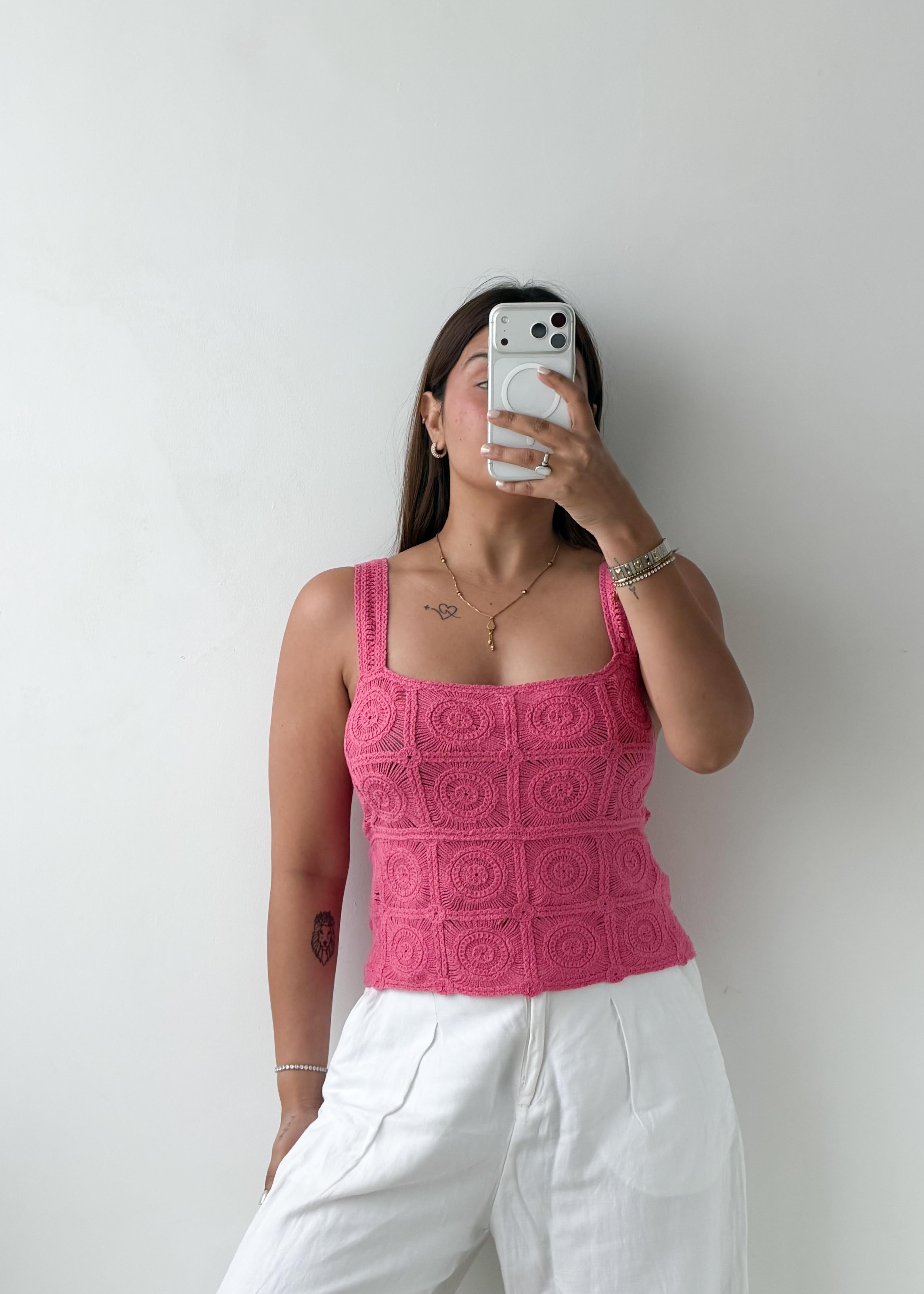 Size M-L Pink Crochet Knit Tank Top