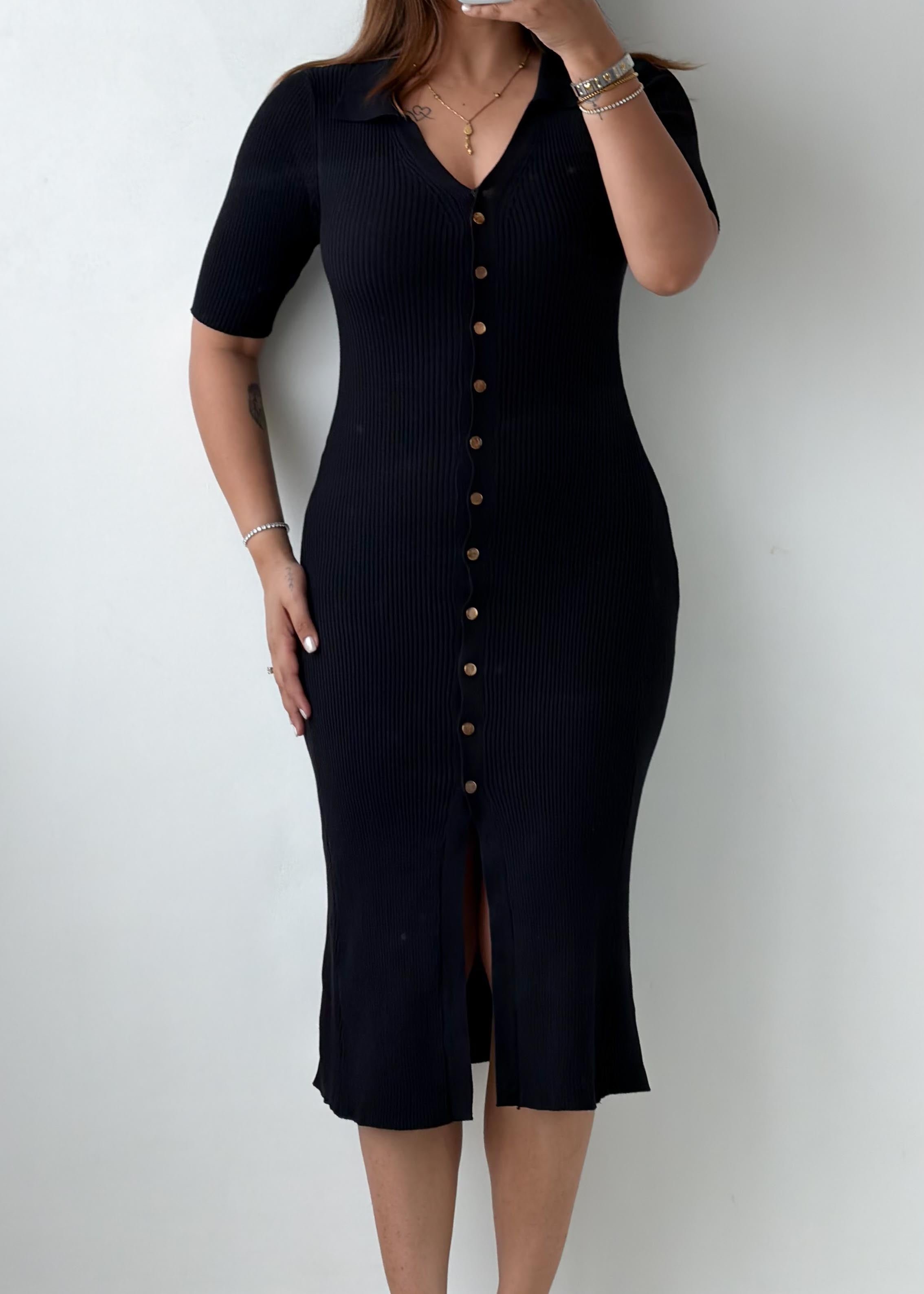 Size S-M Black Ribbed Button-Front Midi Dress