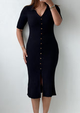 Size S-M Black Ribbed Button-Front Midi Dress