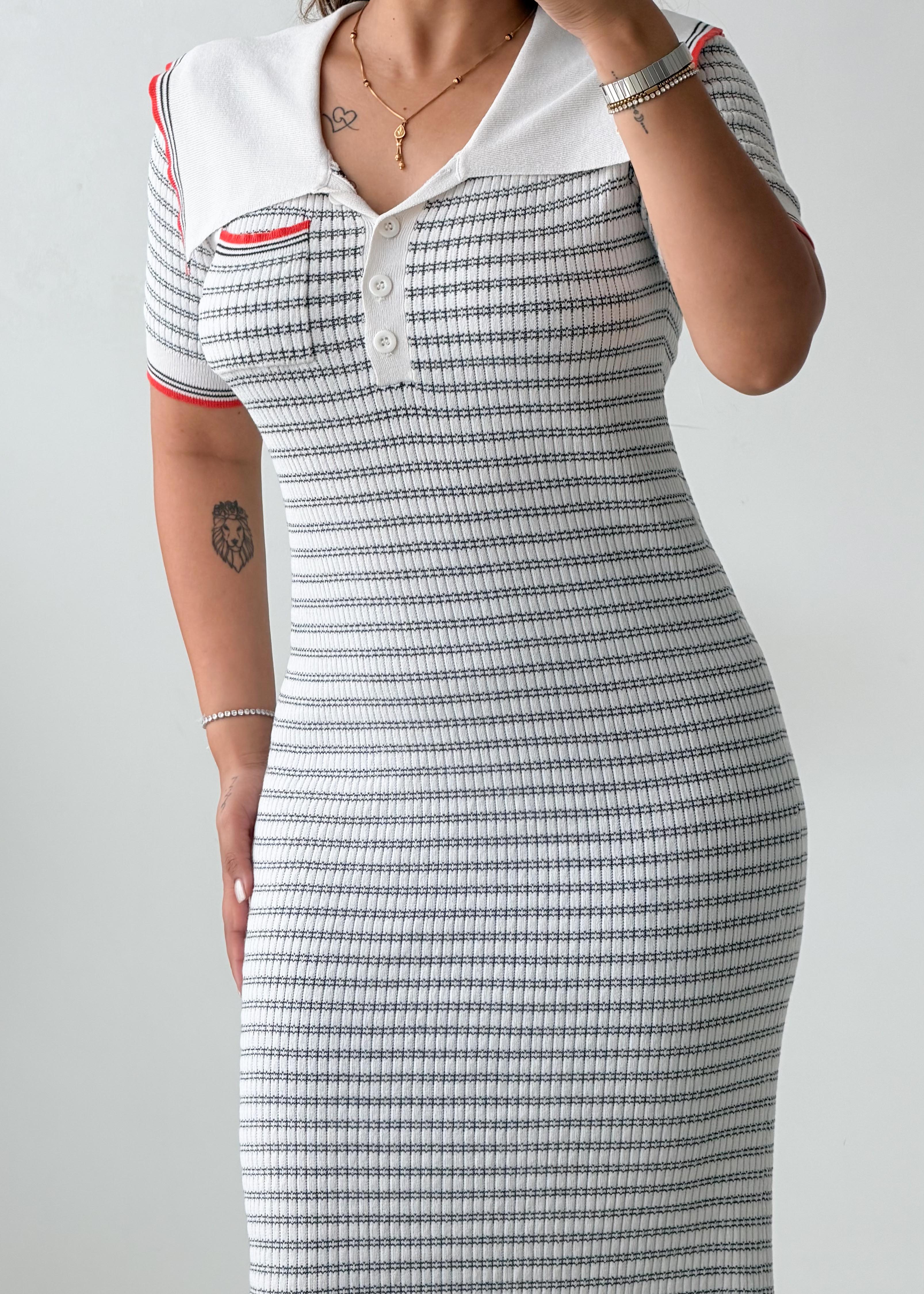 Size M-L Grey & White Striped Ribbed Polo Midi Dress