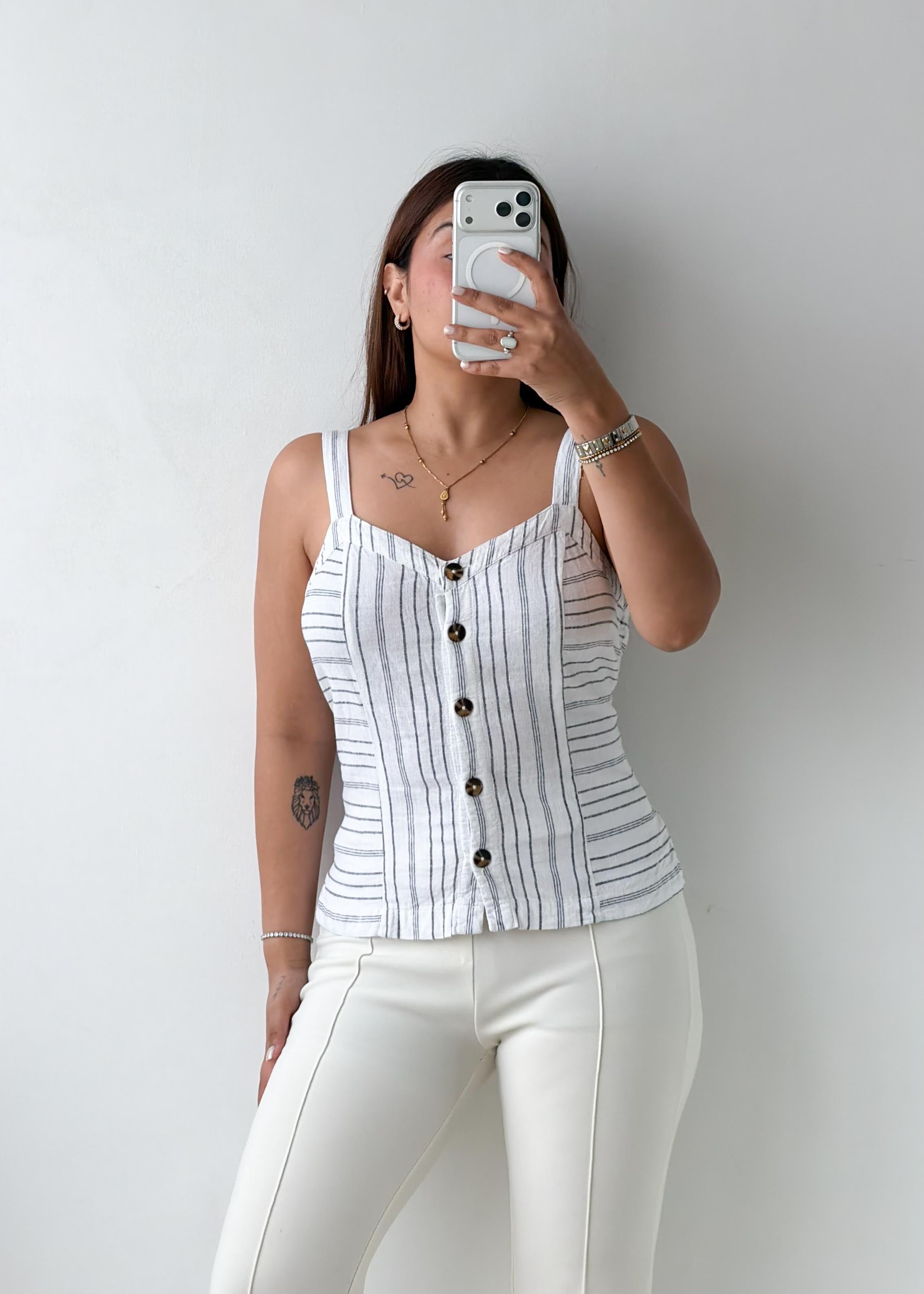 Size M-L White Striped Button-Front Cami Top