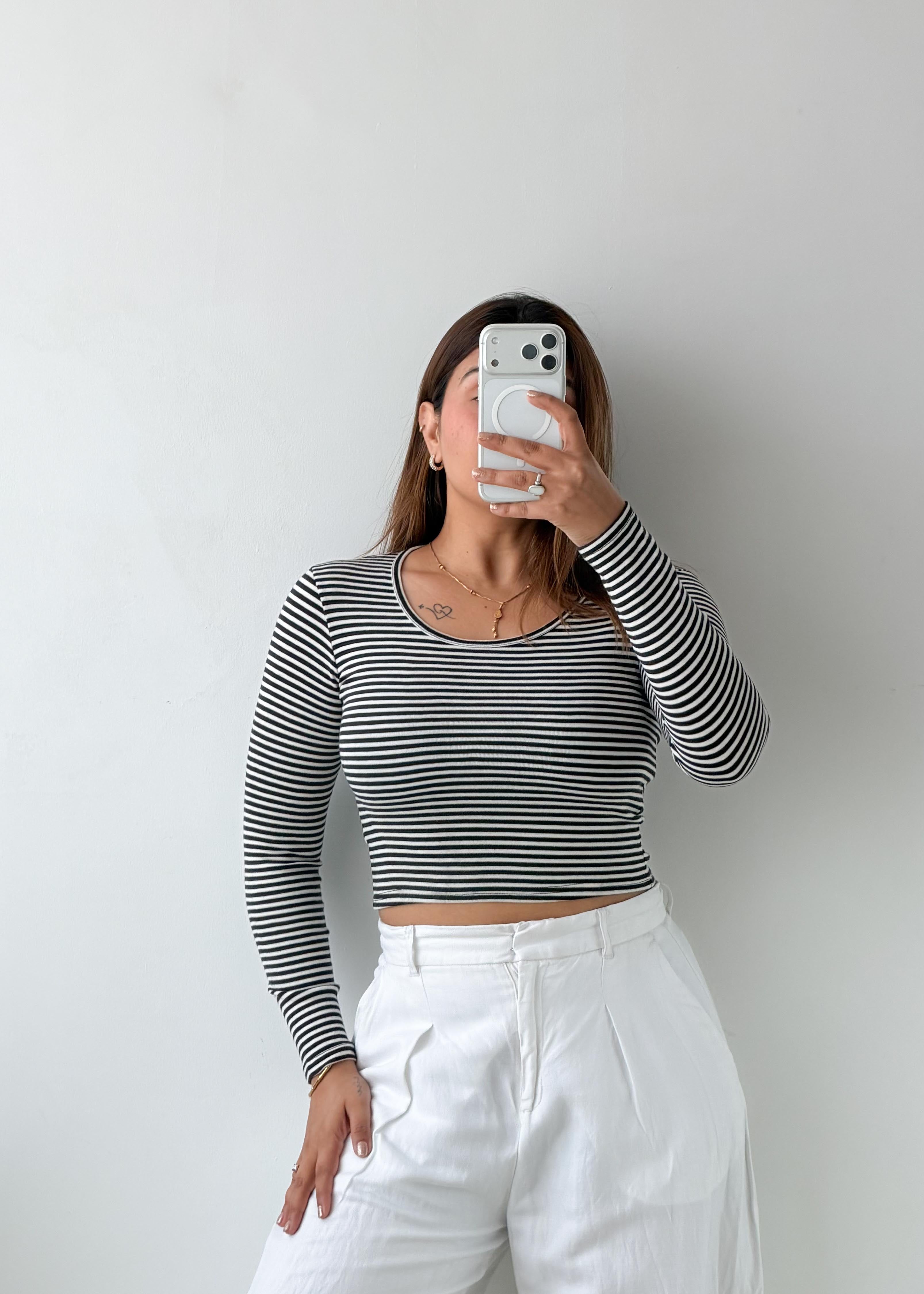 Size S-M Black & White Striped Crop Top