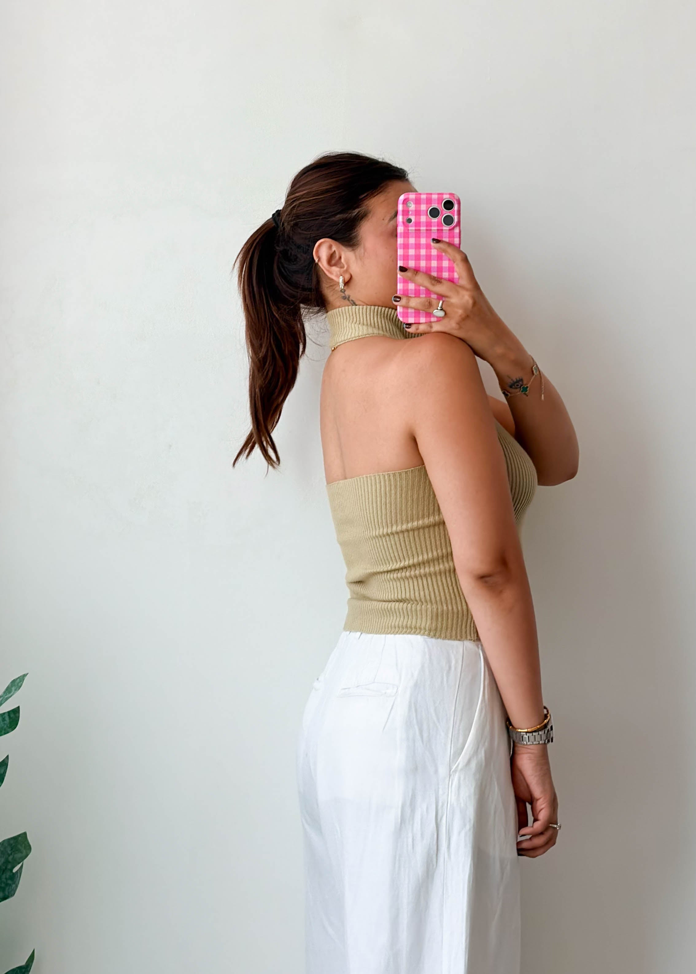 Size M-L Sage Ribbed Zip Halter Top