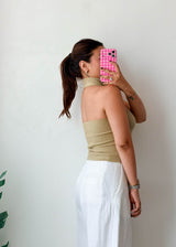 Size M-L Sage Ribbed Zip Halter Top