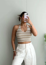 Size S-M, Beige & White Striped Halter Neck Top - Closet by Payal