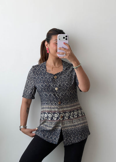 XS-S Grey Ethnic Print Cotton Voile Shirt Top
