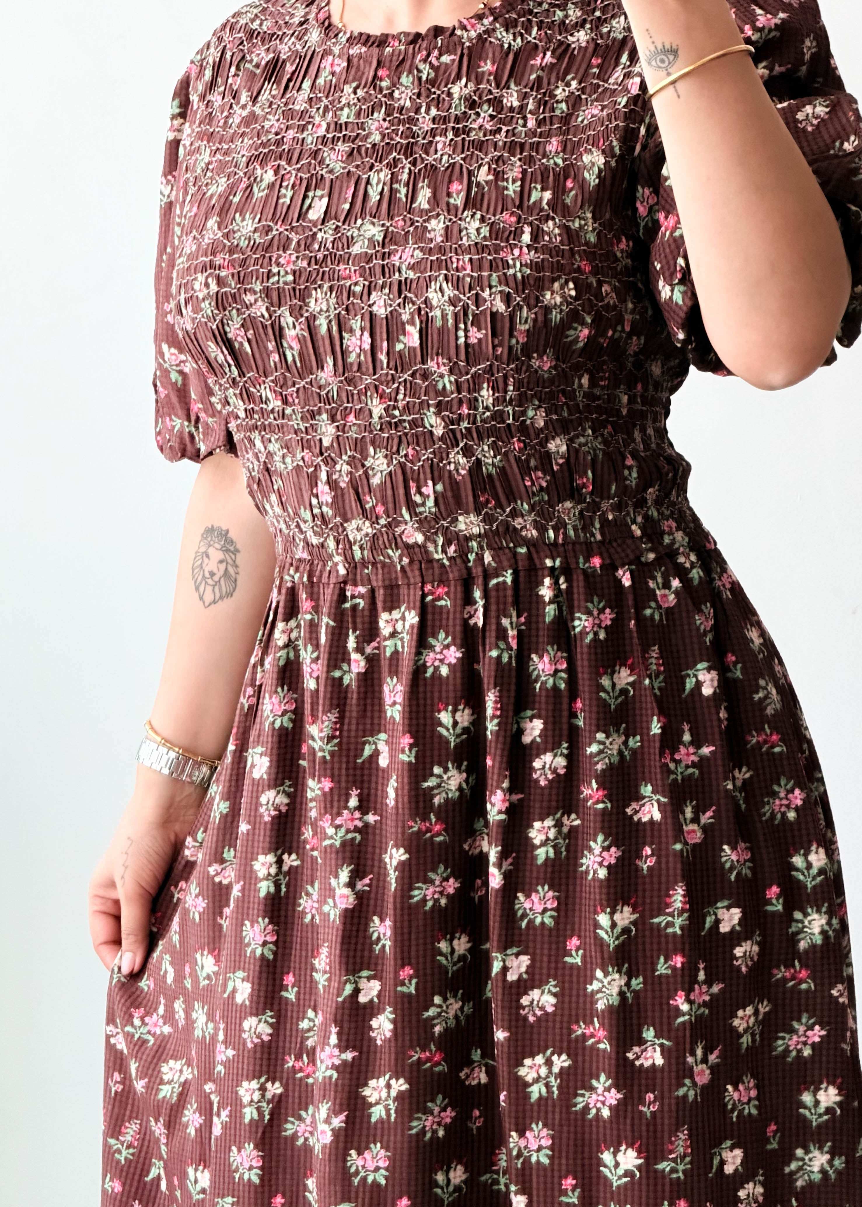 Size S-M & L-XL Brown Floral Smocked Maxi Dress With pockets