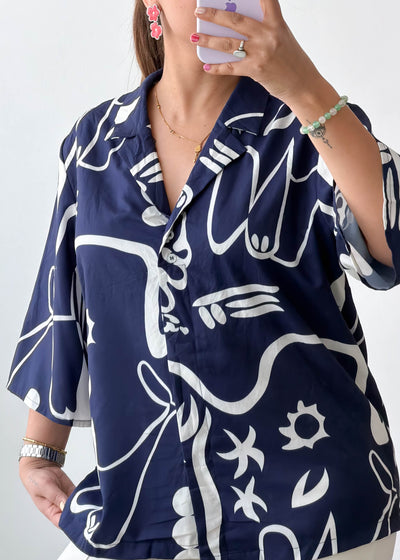 M-L Navy Abstract Soft Chiffon Oversized Shirt