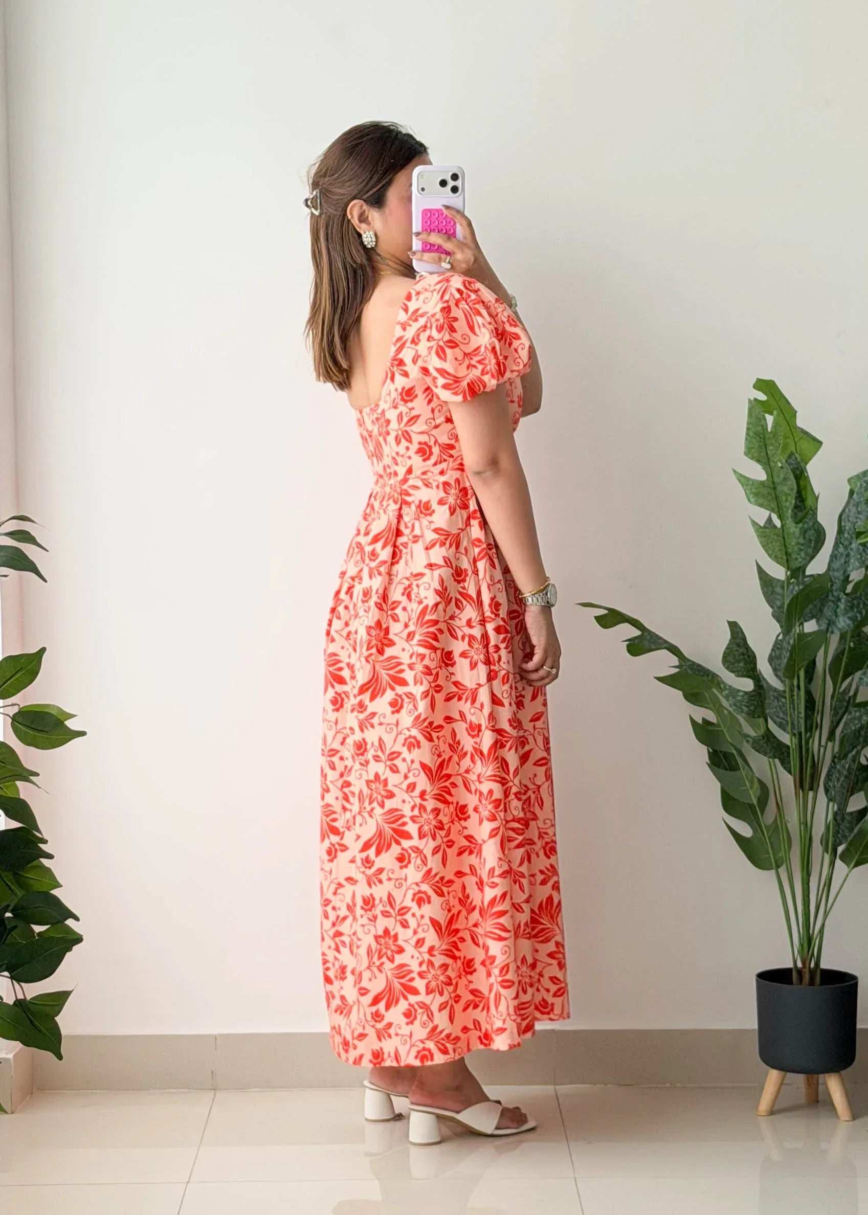 Size S-M, Coral Floral Cut-Out Midi Dress