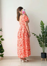 Size S-M, Coral Floral Cut-Out Midi Dress