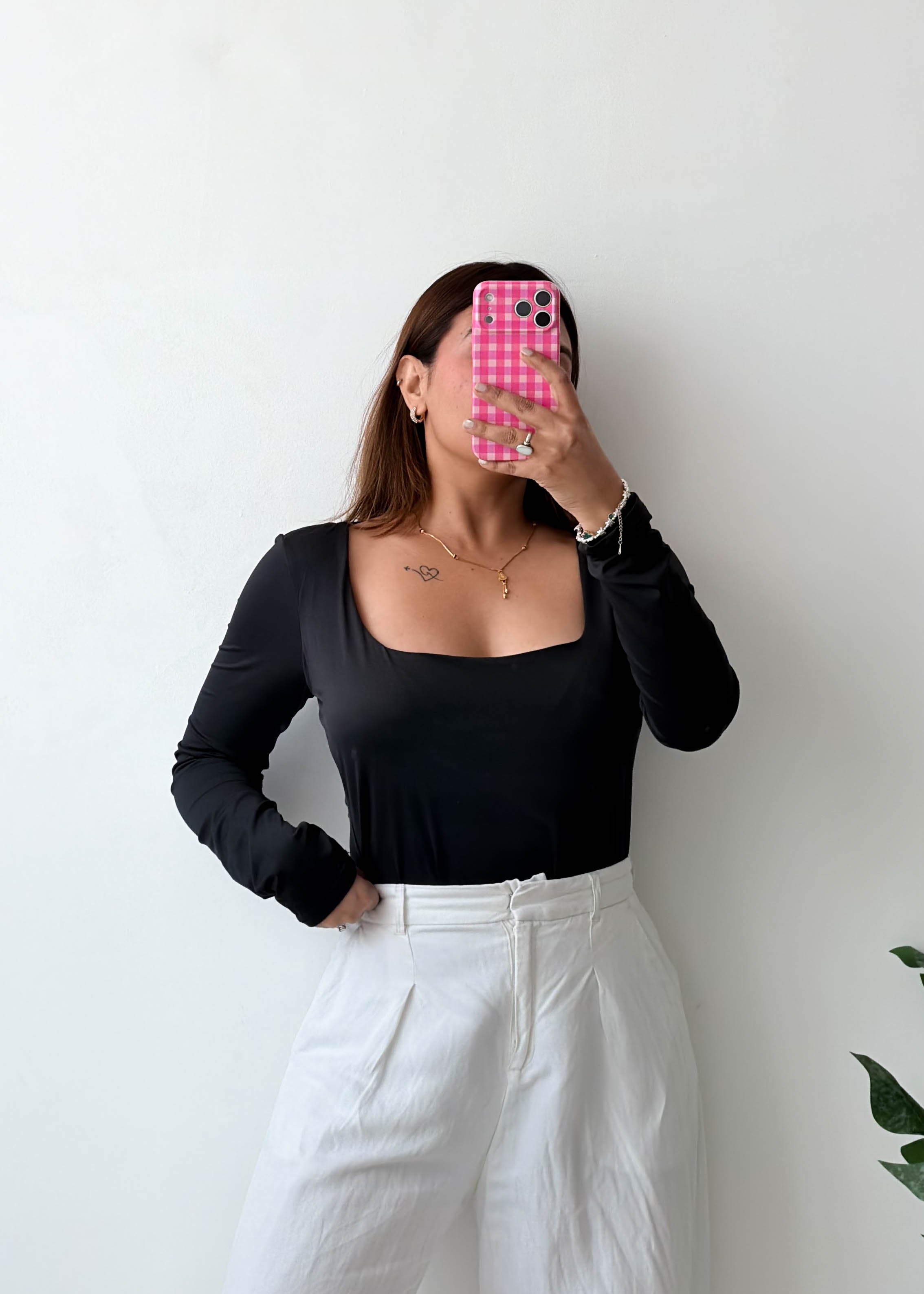 Size L-XL Black Square Neck Bodysuit