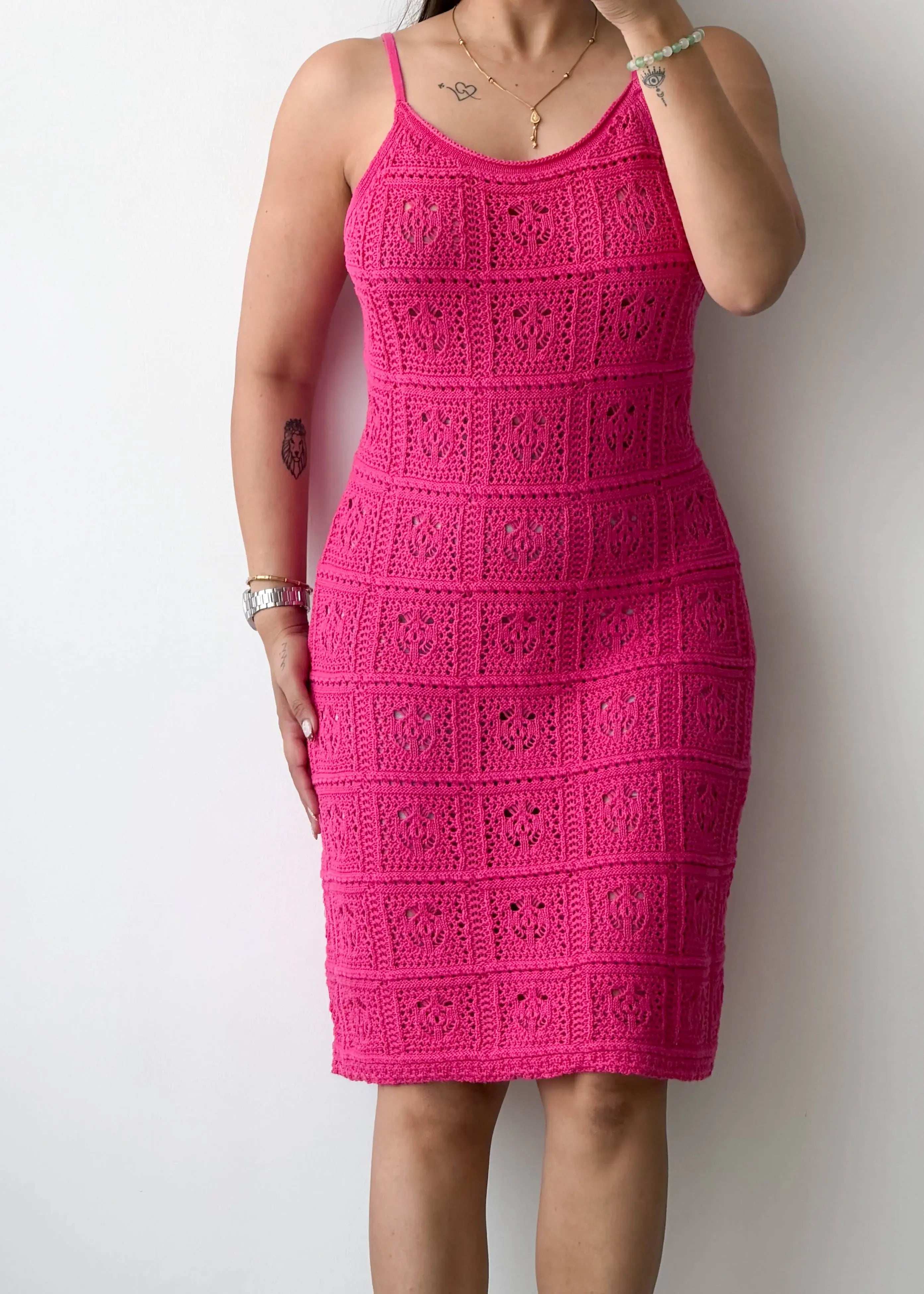 Size L-XL, Pink Crochet Midi Dress