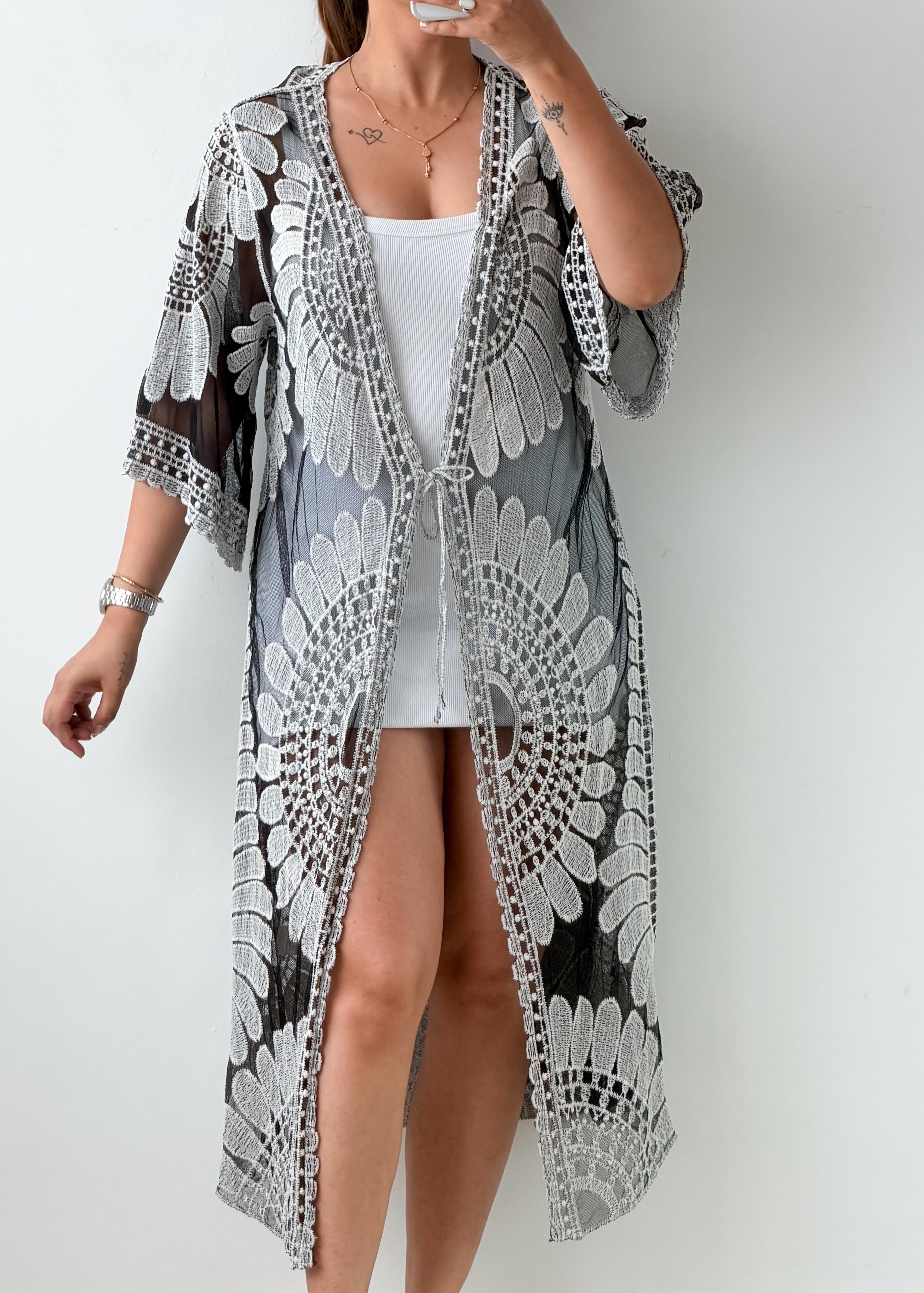 Free Size Black & White Mesh Lace Cover-Up