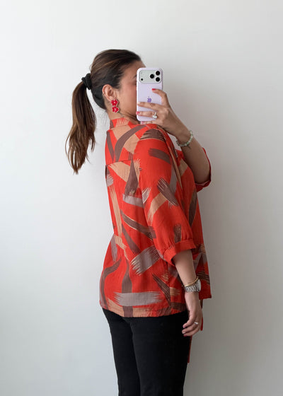 M-L Orange Abstract Oversized Soft Chiffon Shirt