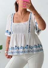 Size S-M White Blue Embroidered Peplum Top