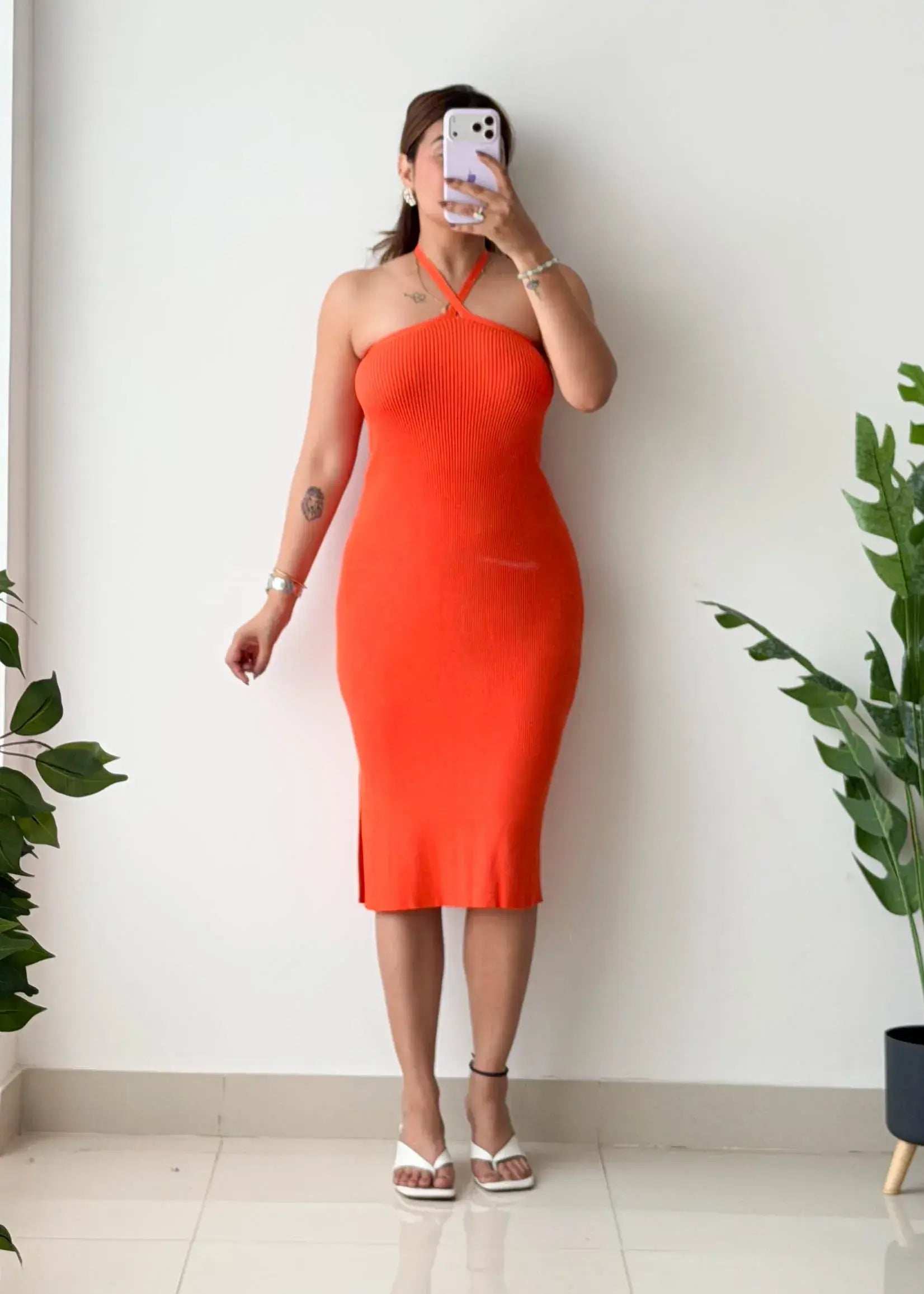 Size S-M, Orange Halter Neck Ribbed Midi Dress - Closet by Payal