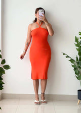 Size S-M, Orange Halter Neck Ribbed Midi Dress - Closet by Payal