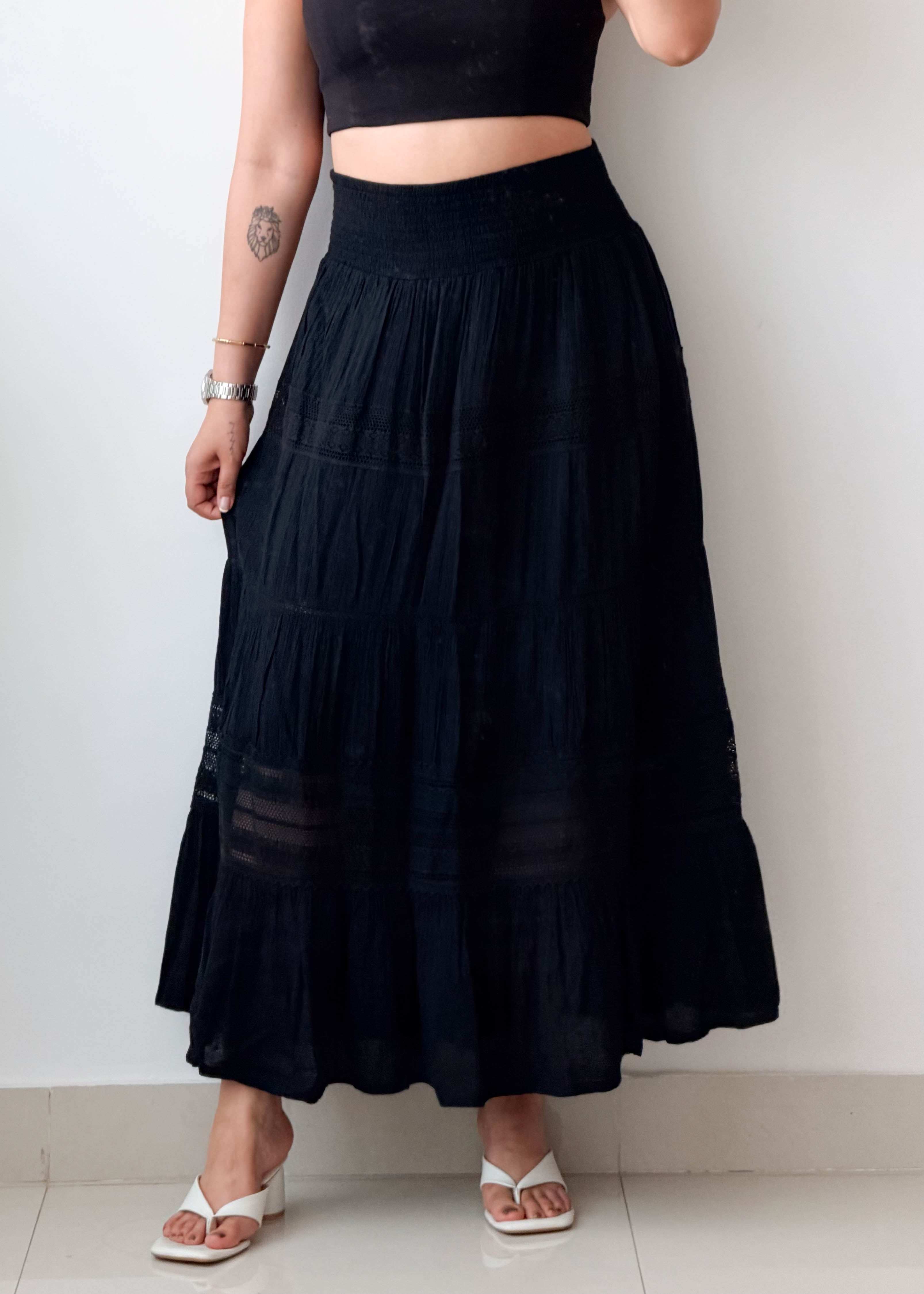 Waist 32-34 Black Tiered Maxi Skirt
