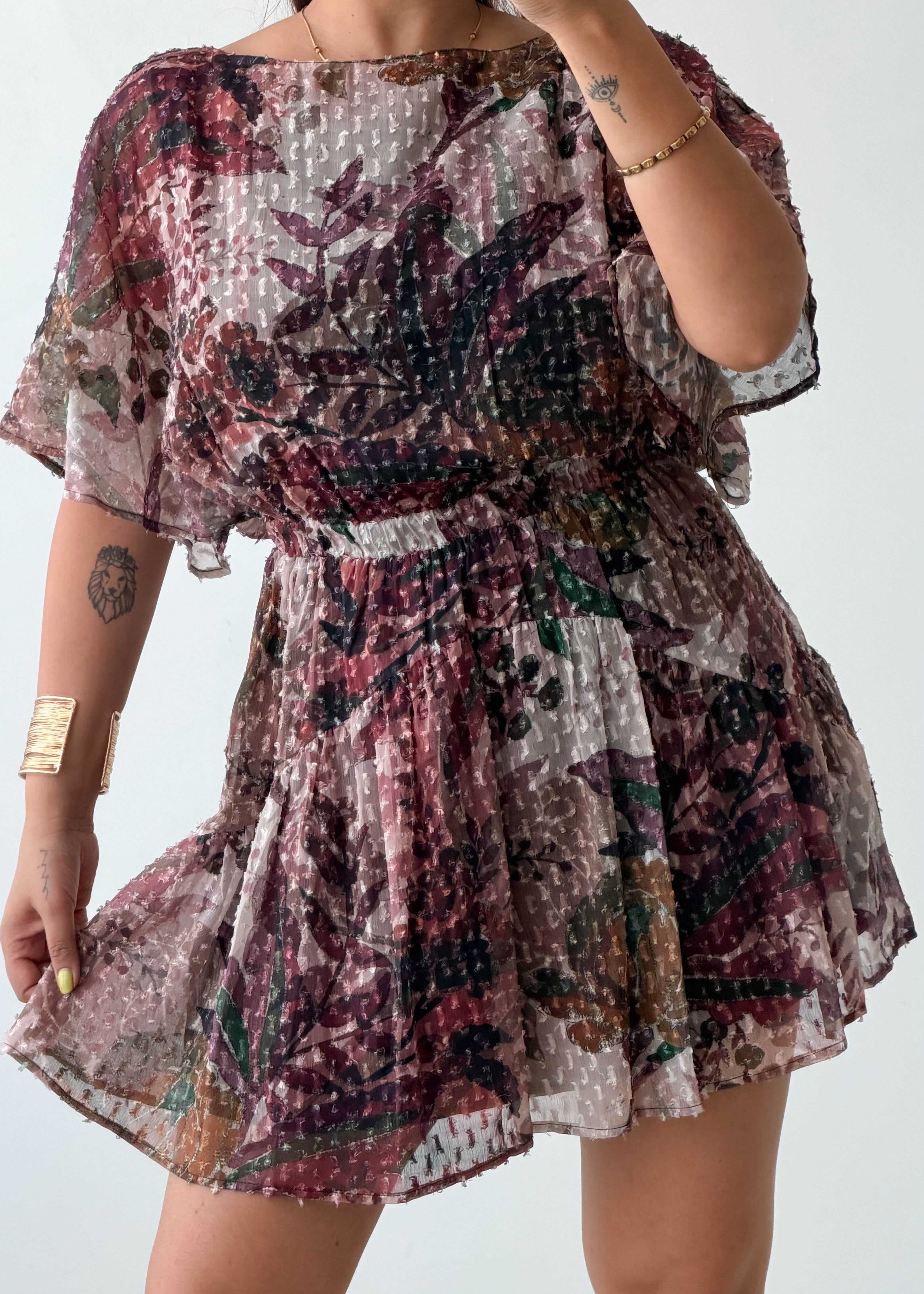 Size S-M Brown Floral Pleated Mini Dress