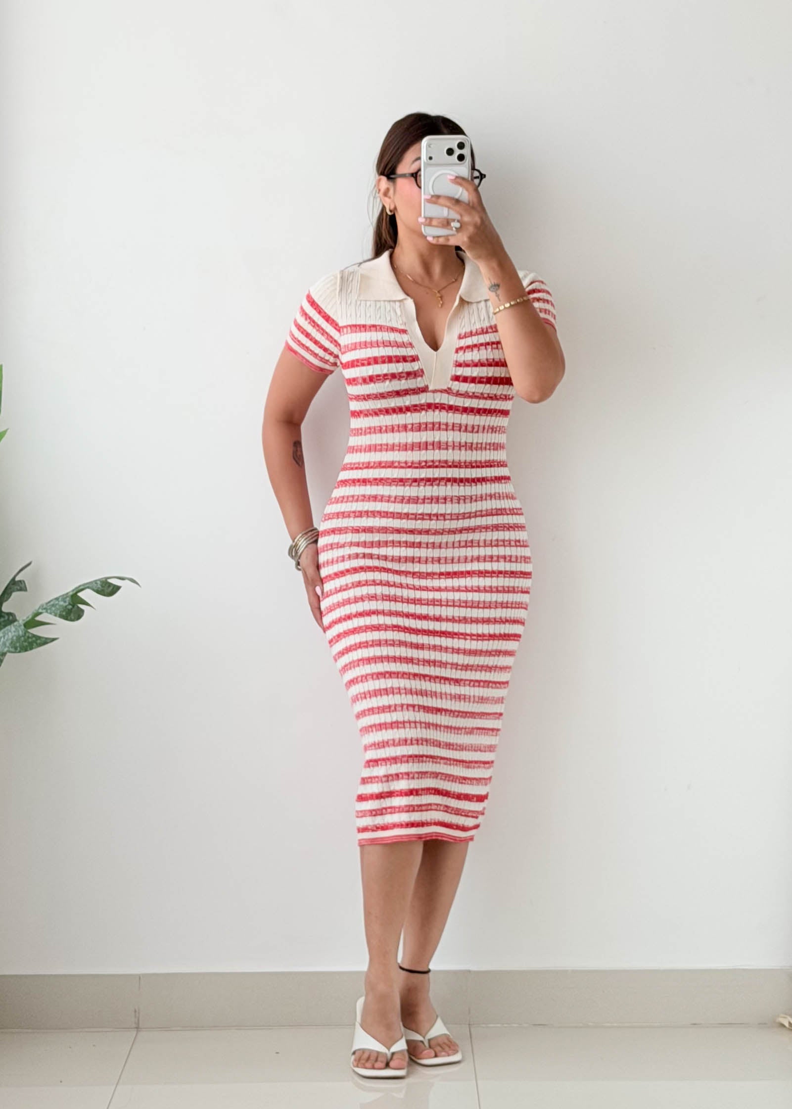 Size S-M Red Striped Polo Midi Dress