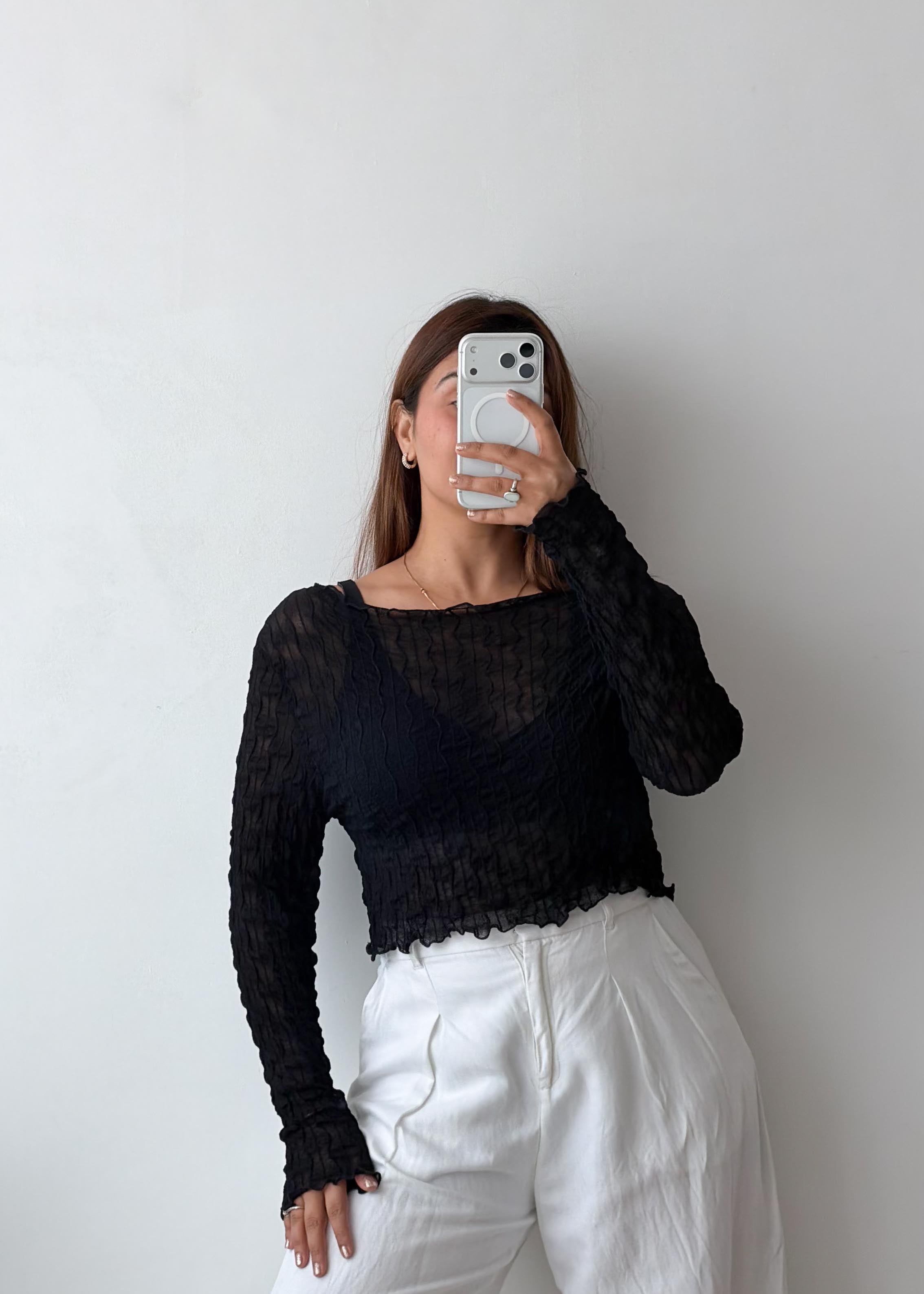 Size M-L Black Textured Mesh Top