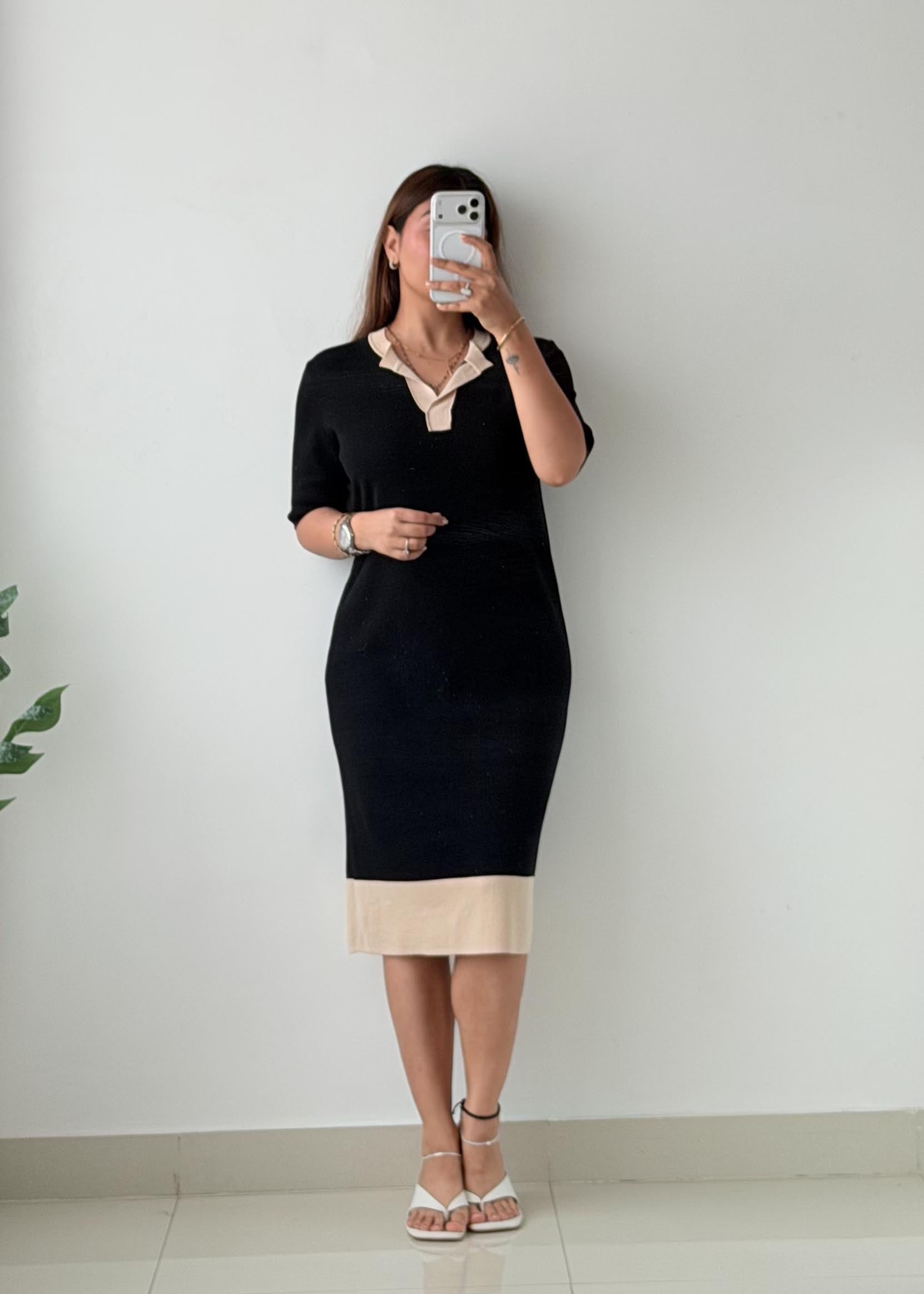 Size M-L Black Contrast Trim Knit Midi Dress