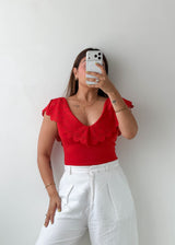 Size S-M Red Eyelet Ruffle Bodysuit