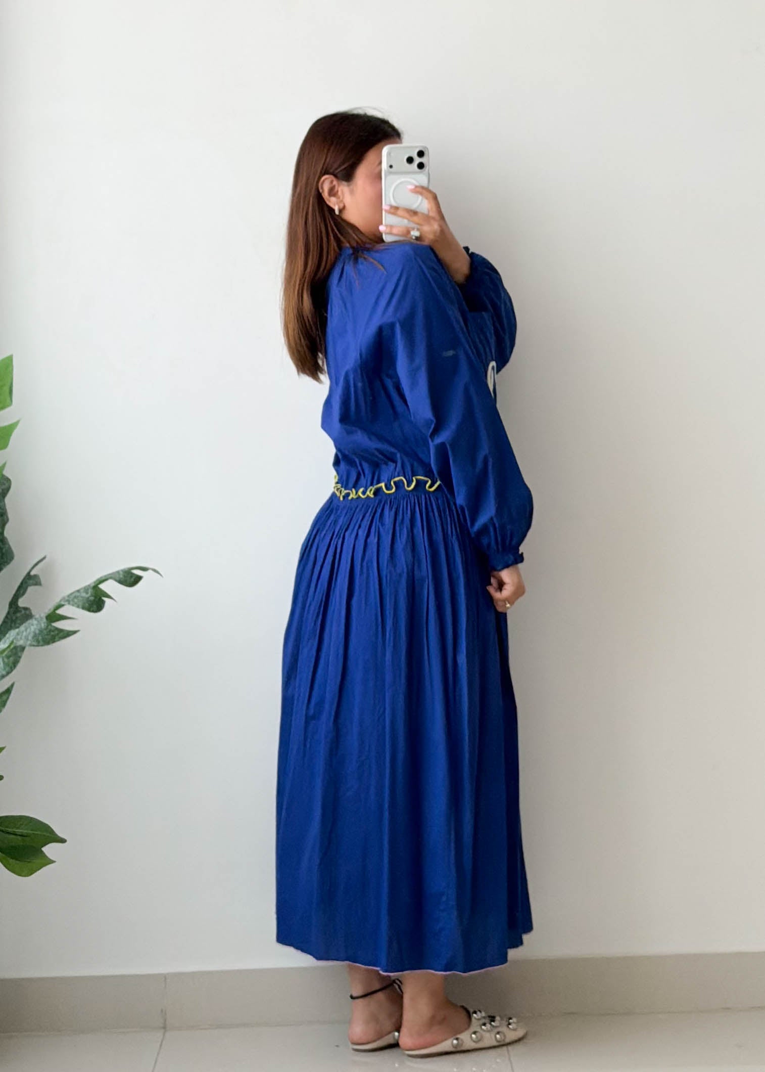 Size L-XL Royal Blue Embroidered Button-Down Maxi Dress