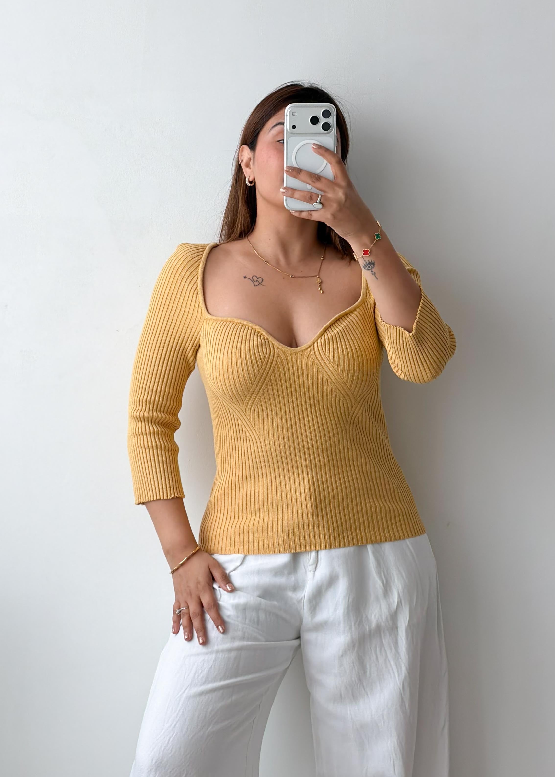 Size M-L Mustard Ribbed Sweetheart Top