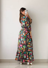 Size XL-XXL Black Abstract Printed Maxi Dress