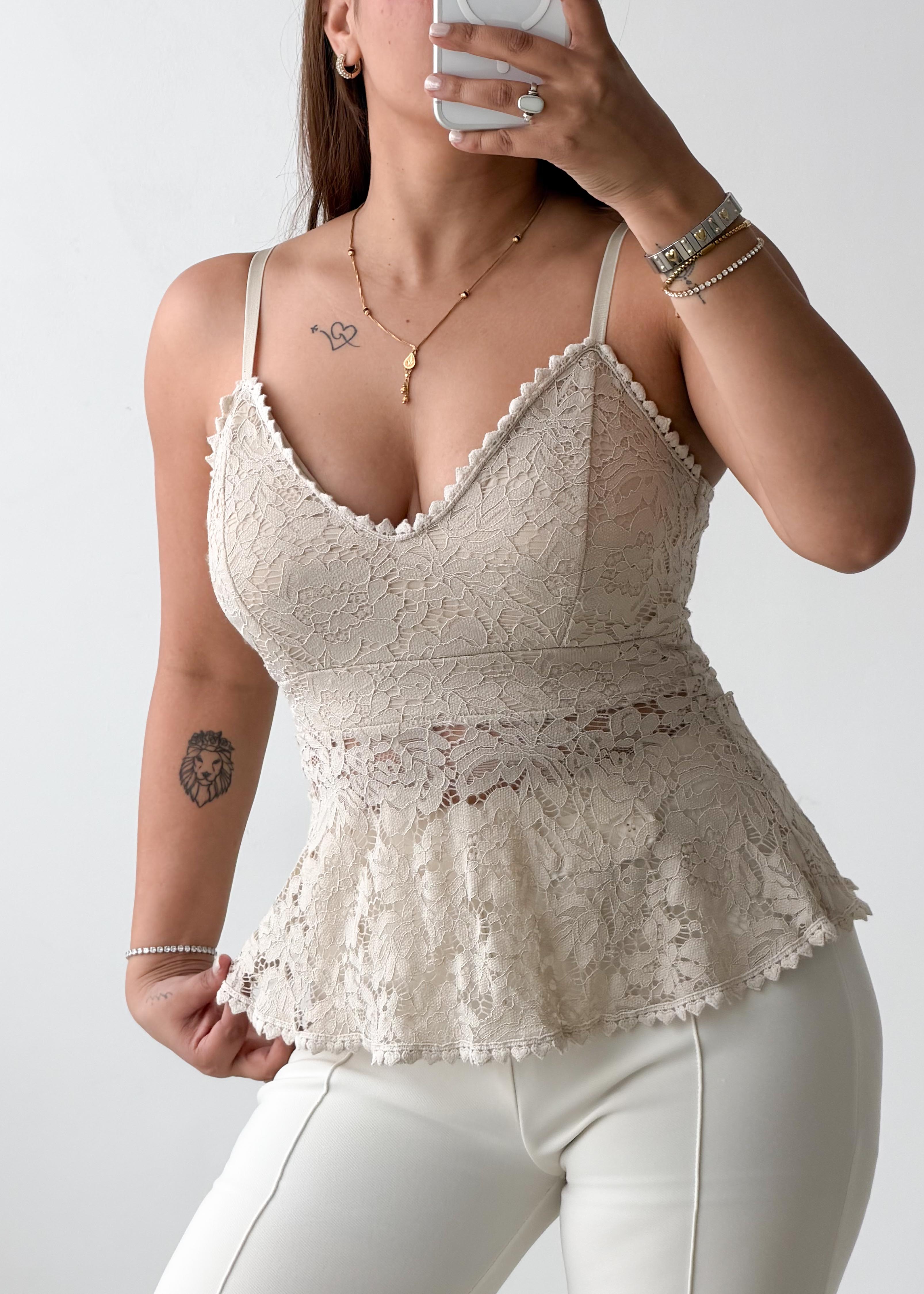 Size S-M Beige Floral Lace Peplum Top