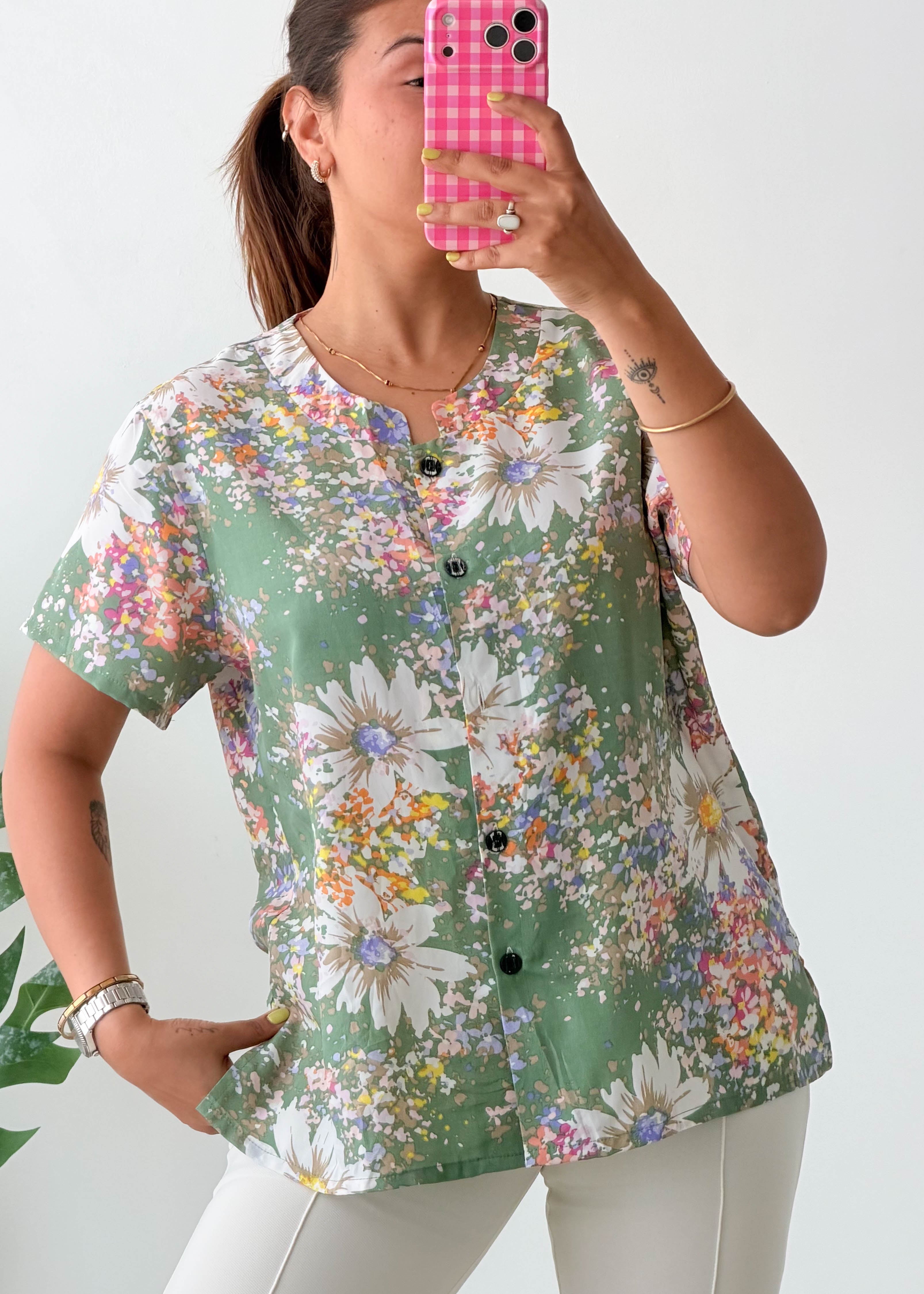 Size S-M Sage Green Floral Shirt