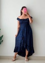 Size XS-S Navy Off-Shoulder High-Low Maxi Dress