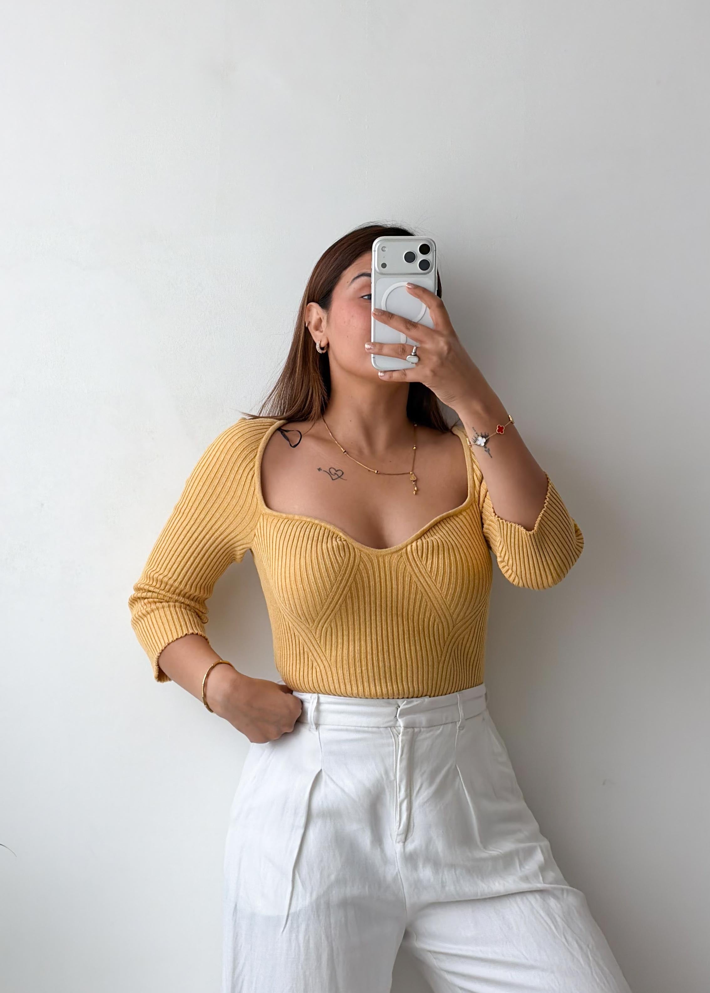 Size M-L Mustard Ribbed Sweetheart Top