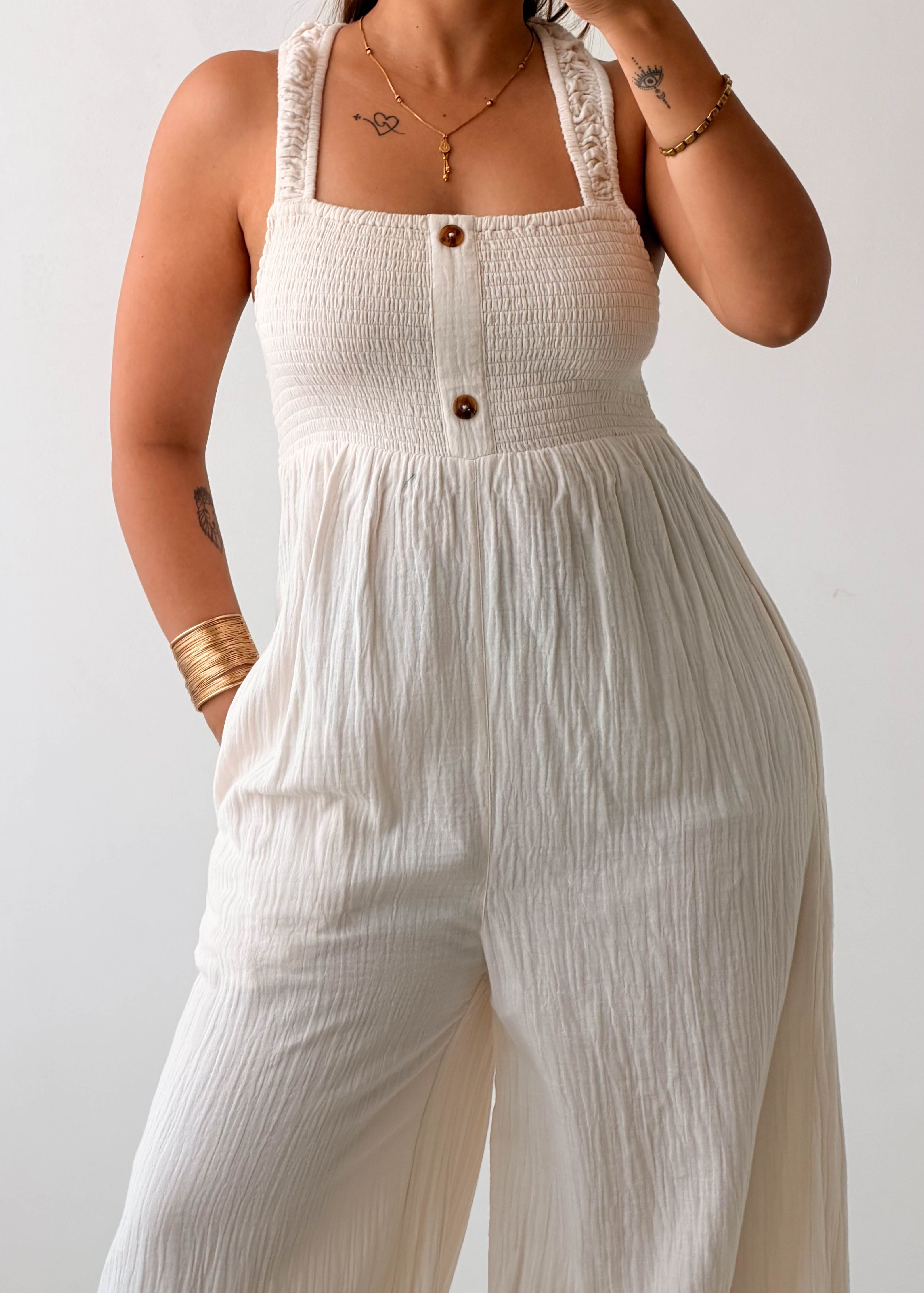 Size M-L White Textured Wide Leg Jumpsuit