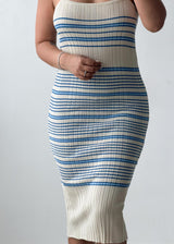 Size S-M White & Blue Striped Ribbed Knit Midi Dress