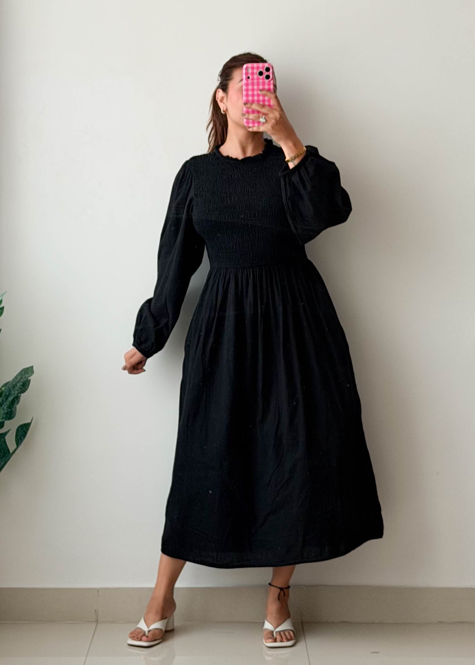 Size M-L Black Smocked Midi Dress