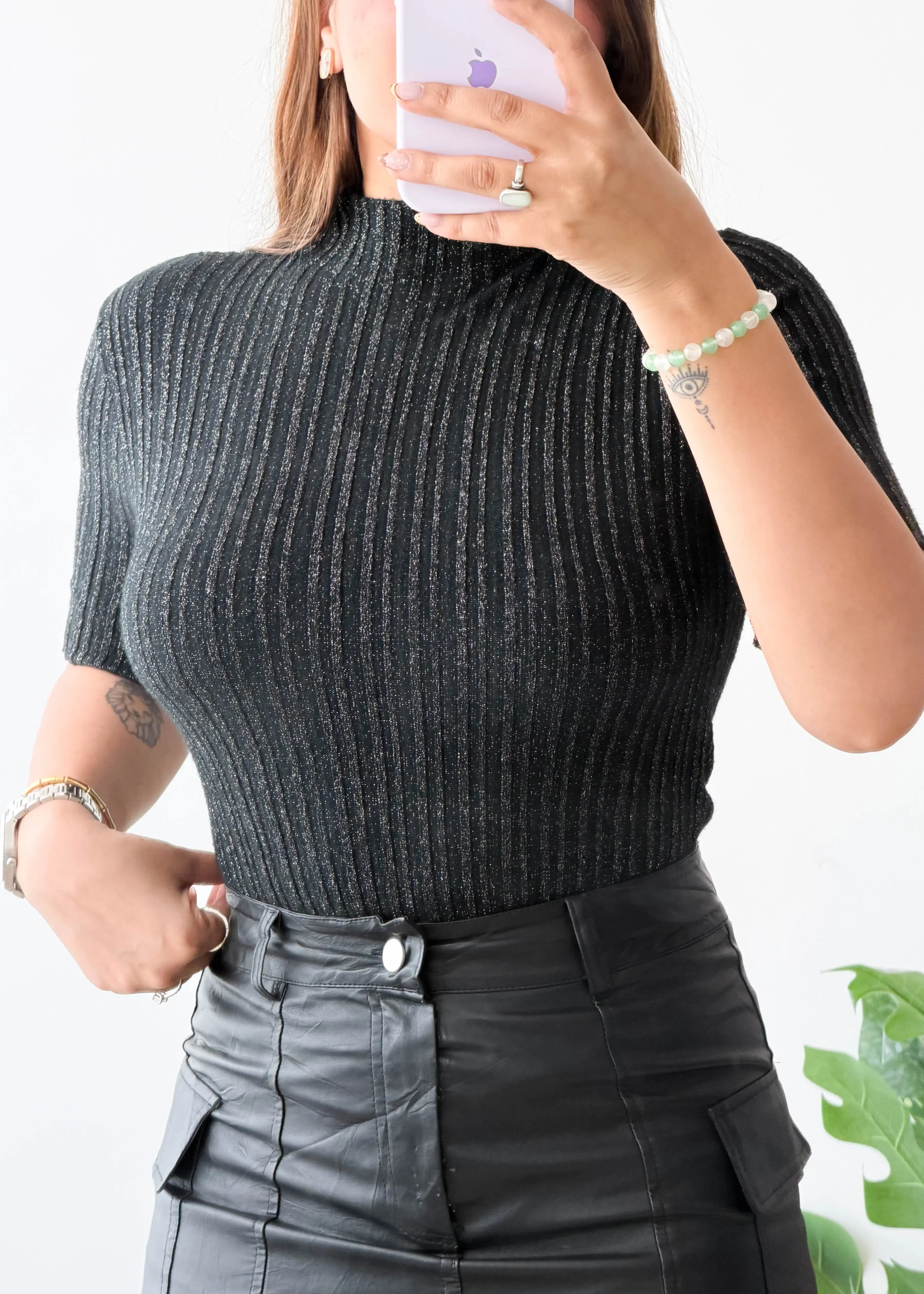 Size S-M, Black Ribbed High Neck Top