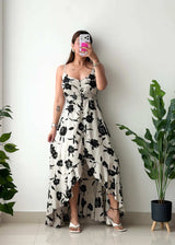 Size M-L, White & Black Floral High-Low Dress