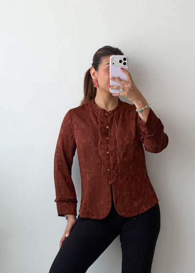 Size M Rust Textured Button Viscose Crepe Shirt