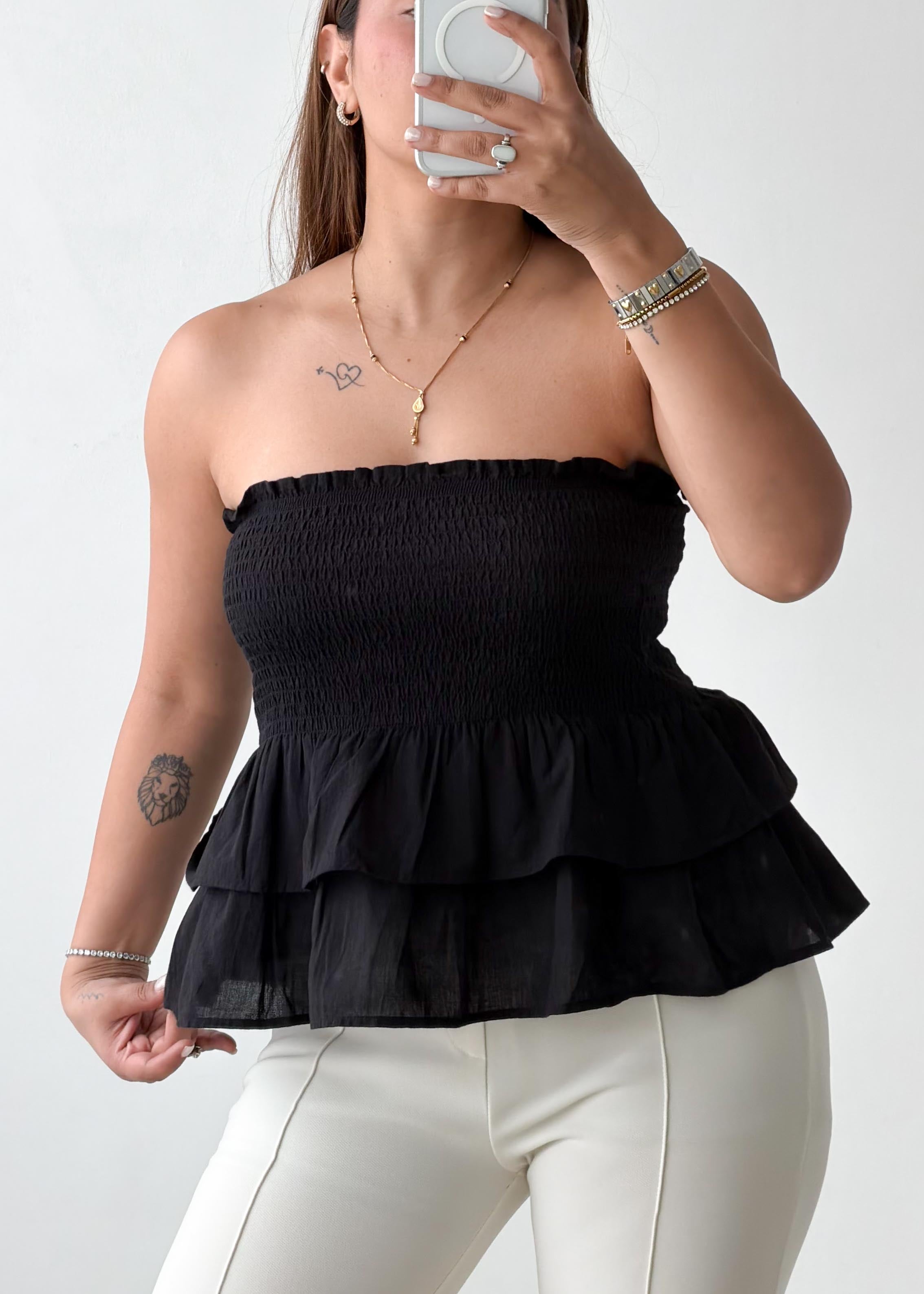 Size S-M Black Smocked Peplum Tube Top