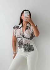 Size S-M White Grey Floral Tie-Front Shirt Top