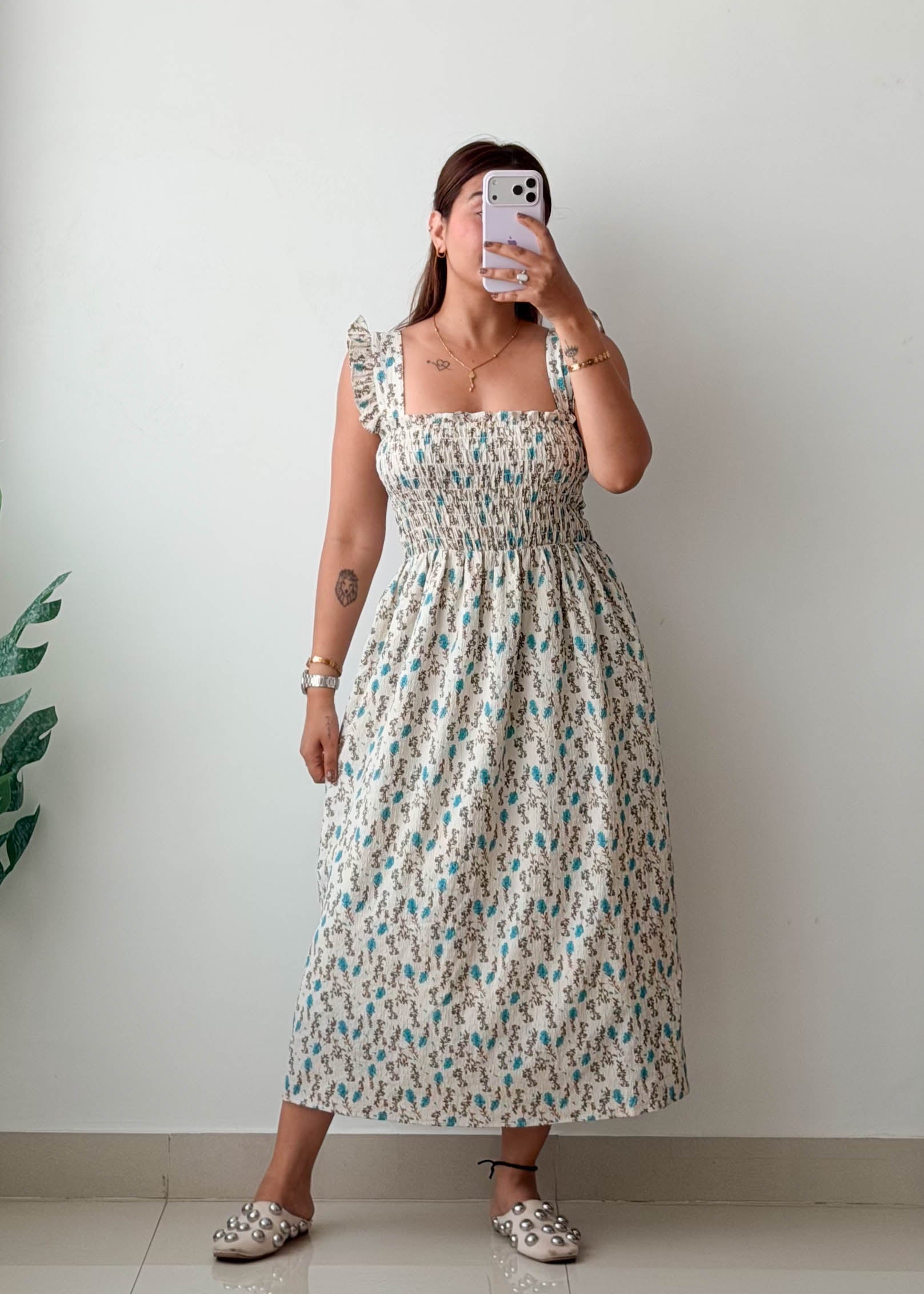 Size S-M White & Blue Floral Smocked Midi Dress