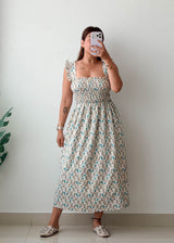 Size S-M White & Blue Floral Smocked Midi Dress